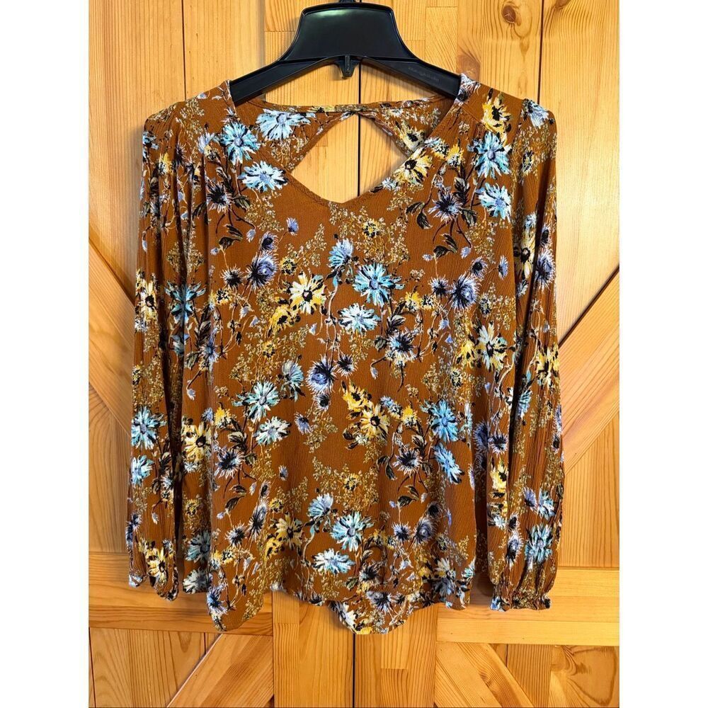Papermoon Women’s Brown Multicolor Floral Long Sleeve Blouse Top Size Small (733
